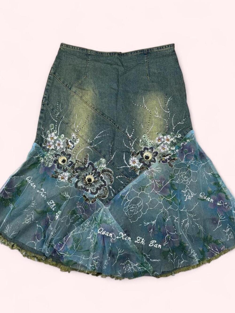 Deadstock Y2K West 36th denim skirt with floral embroidery and beaded details
